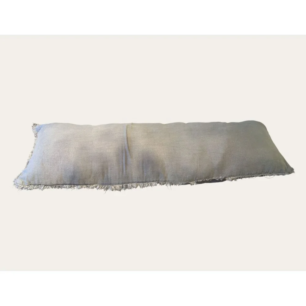 Lumbar Pillow With Fringe Trim Soft Grey Rayon Linen Blend Decorative Accent
